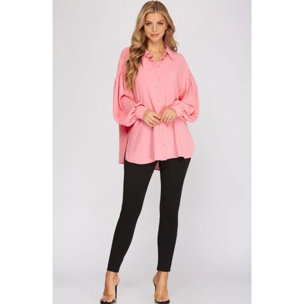 Rose Pink Button Down Blouse Balloon Sleeve Flowy Top Size Small - Picture 5 of 6